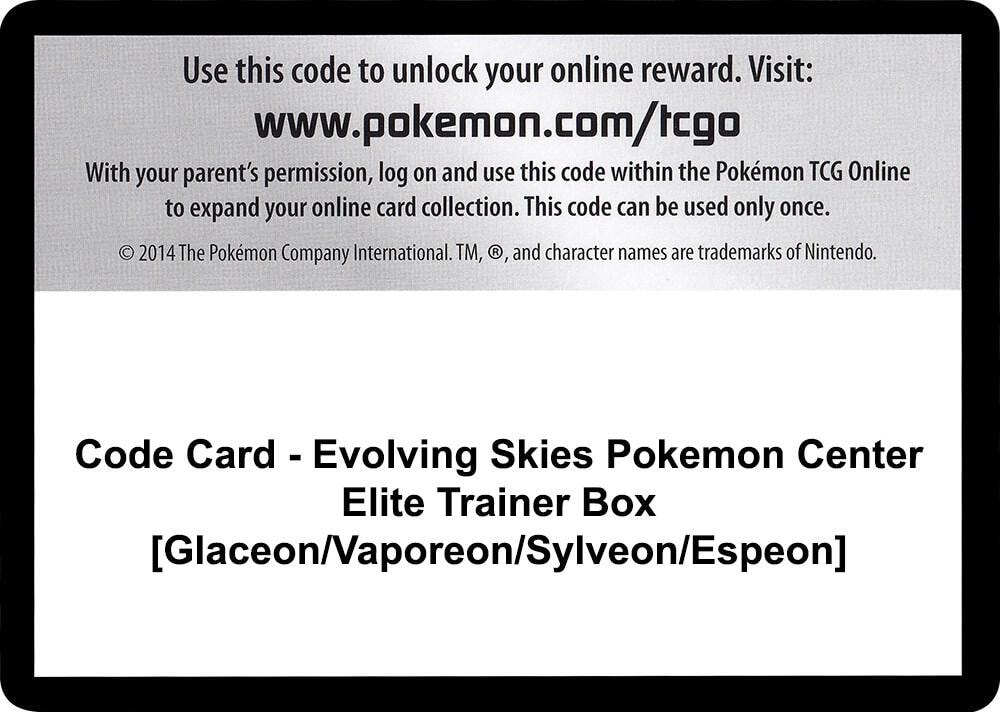 Code Card Evolving Skies Pokemon Center Elite Trainer Box Glaceon Vaporeon Sylveon Espeon